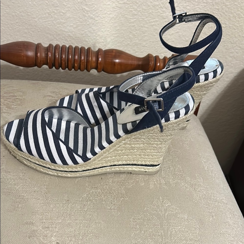 White House Black Market Navy & White Striped Espadrille Wedge Sandals